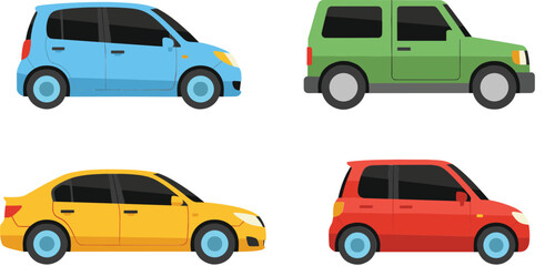 Compact city car icons collection with colorful modern vehicles for transportation and urban mobility concepts isolated on white background vector illustration