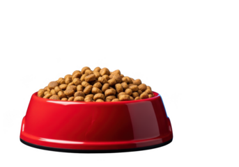 Red bowl filled with dog food isolated on transparent background