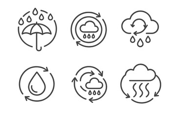 Rain Cycle Icons. Line style icons of rain cycles as feedback loops: precipitation rhythm chart, evaporative flow ring, circular