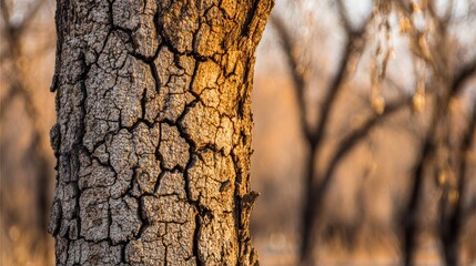 Close-up of cracked and weathered pine tree bark texture with prominent fissures under warm lighting, showcasing organic patterns.