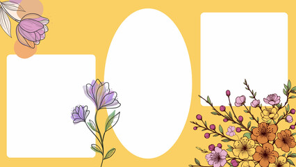 Cheerful yellow illustration template with elegant spring flowers and versatile white frames, ideal for personalized announcements, invitations, and photo collages