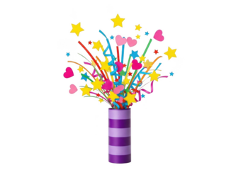 Celebratory party popper with stars and hearts isolated on transparent background