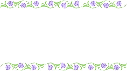 Delicate Floral Border Design with Purple Bellflowers and Green Leaves on a White Background