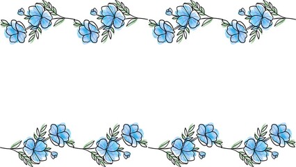 Graceful watercolor blue floral border illustration, featuring delicate blossoms and green foliage, perfect for springtime greeting cards, invitations, and elegant decorative designs