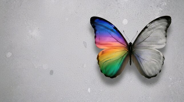 Butterfly with half rainbow and half white wings on gray background