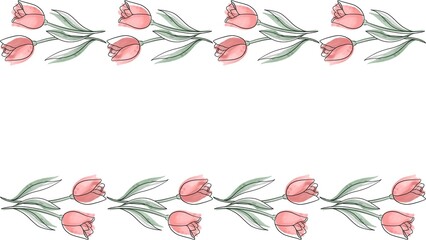 Elegant watercolor tulip border pattern, featuring soft pink blossoms and delicate green stems