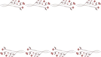 Delicate floral branches with subtle pink blossoms and brown stems, arranged as a decorative border on a white background