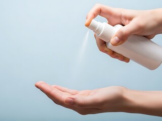 Closeup of hands using a white spray bottle to apply sanitizer or liquid onto the palm of the other hand against a light blue background