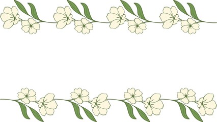 Delicate floral border illustration with elegant white blossoms and green leaves, perfect for wedding invitations, greeting cards, and decorative stationery designs