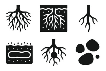 Twilight Root Icons. Solid style icons of twilight root systems: tangled roots, soil layer, root tip, underground tunnel, nutrient
