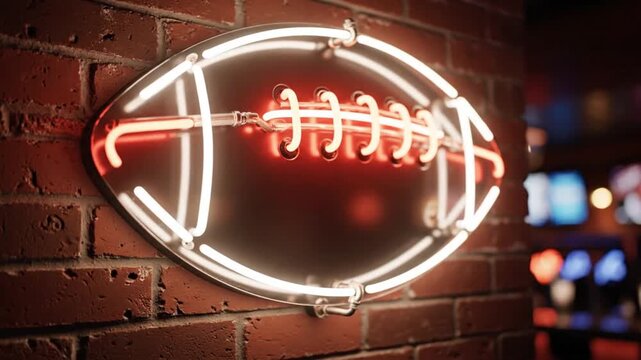 A luminous neon sign in the shape of a football featuring white and red lights is affixed to a brick wall Blurred lights are visible in the background
