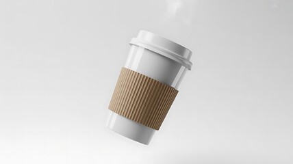 Blank white disposable coffee cup with corrugated cardboard sleeve floating against a minimalist light gray background mockup