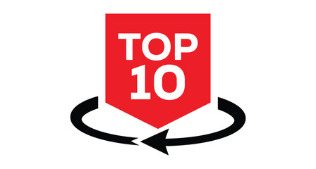 Vibrant red "TOP 10" badge featuring bold black "2025" numerals in a sleek rectangular frame. Red circle "TOP" accent above. Minimalist vector art on white background for rankings, awards, New Year.