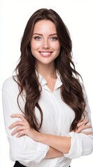 Confident professional woman in white shirt with long wavy brown hair smiling warmly against clean white background