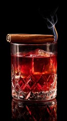 Luxurious ruby-red cocktail with a smoldering cigar resting on a crystal cut glass, capturing the essence of sophisticated nightlife and refined indulgence against a sleek black background