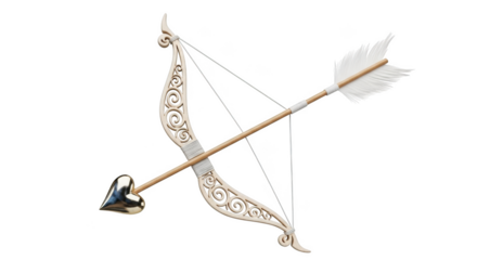 Cupid's ornate ivory bow and arrow with golden heart tip on black background love