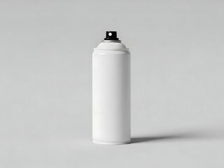 Blank white aerosol spray can mockup, empty metal container with black nozzle cap, isolated on light gray background