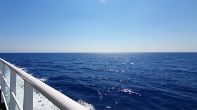 A view of the sea from a ship's railing on a bright day, blue water, and cloudless sky
