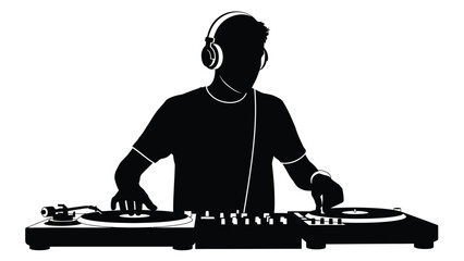 DJ playing music with turntables silhouette vector