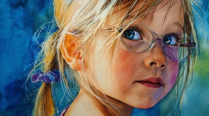 Vibrant watercolor portrait of a young girl with glasses, her blonde hair catching light, gazing thoughtfully against a dreamy blue and green background