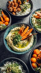 Vibrant Middle Eastern-inspired rice bowls with creamy hummus, roasted carrots, herbed grains, and spiced protein, showcasing a colorful and nutritious culinary composition