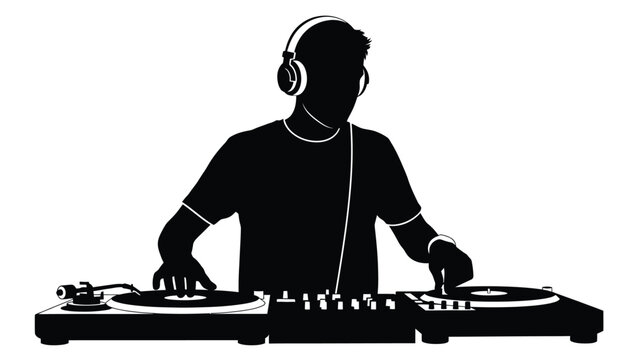 DJ playing music with turntables silhouette vector - Powered by Adobe