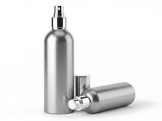 Two silver aluminum spray bottles with caps, one standing and one lying down