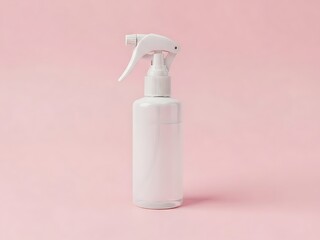 White plastic spray bottle with trigger sprayer, on a light pink background