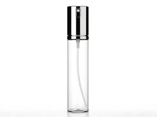 Empty clear glass perfume atomizer spray bottle with silver cap and pump mechanism, isolated on white background