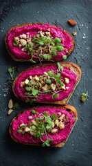 Colorful and nutritious beetroot spread topped with fresh herbs and nuts, served on crispy bread slices. Perfect for healthy meals or appetizers. Vibrant food photography for culinary inspiration.
