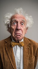 Elderly gentleman with wild white hair and exaggerated facial expression wearing a vintage brown corduroy jacket and patterned yellow bowtie against a neutral background