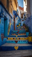 Charming blue-painted alleyway with vibrant heart-decorated stairs leading through a narrow historic street, showcasing traditional Moroccan architectural beauty and colorful urban art