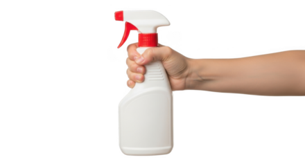 Woman hand holding white plastic trigger spray bottle filled with cleaner product on transparent background
