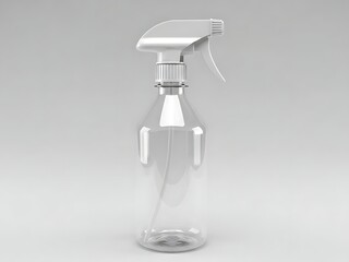 Empty clear plastic spray bottle with white trigger sprayer, 3d render on light gray background