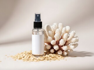 Clear cosmetic spray bottle with blank label next to white coral and wood shavings on beige background, natural beauty product mockup