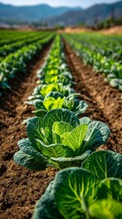 Lush green cabbage field stretches across fertile farmland with mountain ranges in background, showcasing precision agriculture and vibrant crop cultivation
