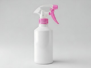 White plastic spray bottle with pink trigger sprayer, isolated on light gray background