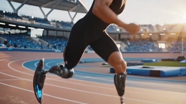 Athlete with Advanced Prosthetic Leg Running on Track