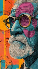 Vibrant pop art portrait of an elderly intellectual with thick-rimmed glasses, showcasing bold color contrasts and textured brushstrokes against a geometric background