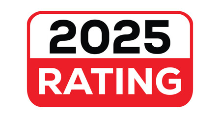Red badge with black "2025" numerals over white "RATING" text in clean rectangular frame. High-contrast minimalist vector graphic. Ideal for year-end reviews, annual ratings, awards, business reports.