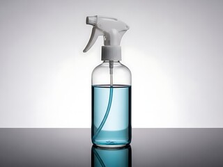 Clear plastic spray bottle with blue liquid, studio shot against a gradient background with reflection on a dark surface