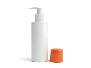 White cosmetic pump bottle with detached orange cap, isolated on white background