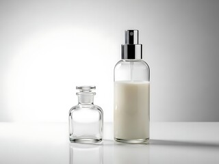 Two glass bottles, one small apothecary jar and one tall spray bottle with white liquid