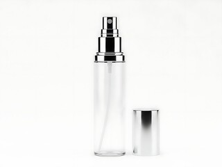 Empty clear glass perfume atomizer spray bottle with silver pump and cap, isolated on white background