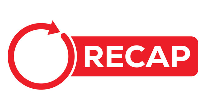 Red recap badge featuring white "RECAP" text with integrated circular arrow icon. Bold minimalist vector design with high contrast on white background. Perfect for year-end recaps, summaries, reviews,