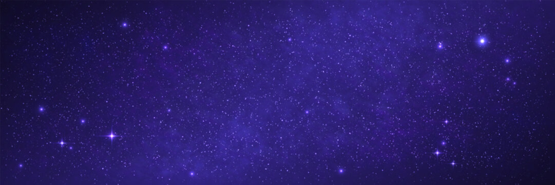 Starry background. Beautiful Milky Way wallpaper. Glowing galaxy with bright stars. Cosmos backdrop with stardust for poster, banner or brochure. Vector illustration.