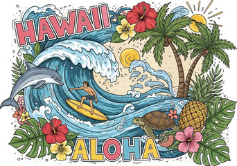 A vibrant illustration depicts a hawaiian scene featuring waves a surfer dolphin tropical flowers and lush foliage embodying aloha spirit © GK390