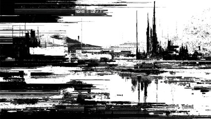 Fototapeta premium Abstract expressionism showcases a distorted cityscape reflection with fragmented lines and a monochrome palette high quality