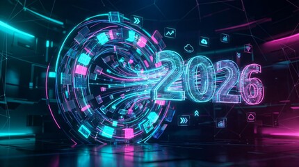 Glowing futuristic 2026 digital number with swirling neon data flow and technology icons, concept for future trends, business innovation and digital transformation