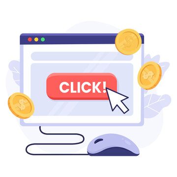 Digital Ad Click-Through: A vibrant illustration depicts a computer screen, highlighting a 'CLICK!' button with a cursor, complemented by hovering golden coins.